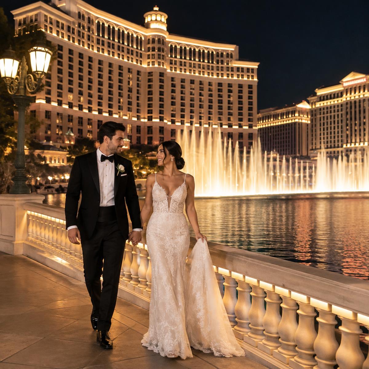 Couple walking beside the Las Vegas fountains at night