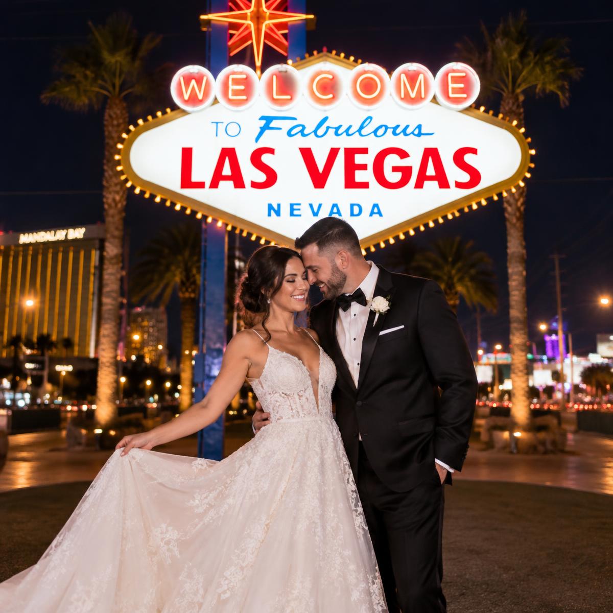 Bride and groom under the Welcome to Fabulous Las Vegas sign at night